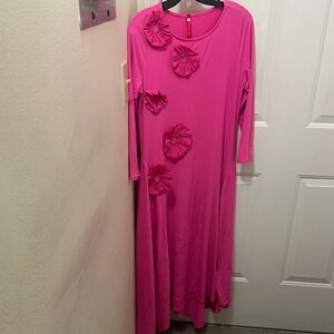 IC Collection Hot Pink Long Sleeve Flower Appliqué Dress